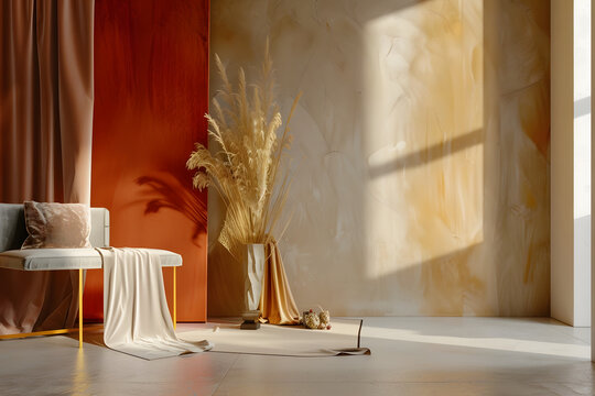 Artistic interior for photo studies in red and brown colors