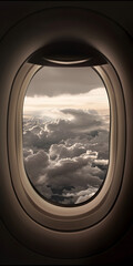 Vista da janela do avião de nuvens fofas ao pôr do sol