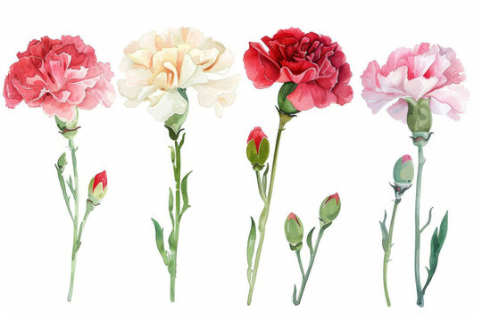 Four different colored flowers are shown in a row. The flowers are pink, white, and red. The flowers are arranged in a way that they are all facing the same direction