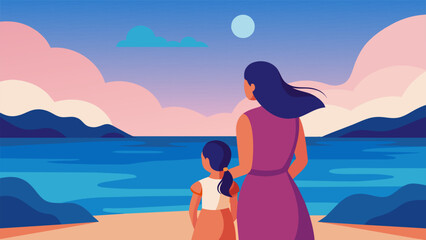 A mother and daughter stand on a beach the vast expanse of the ocean reflecting the emotions raging within them. Yet in each others arms they - obrazy, fototapety, plakaty