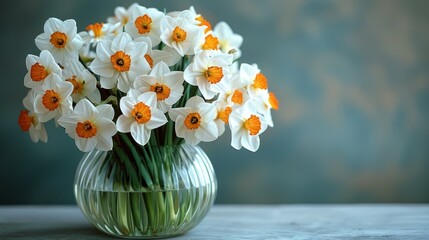   A vase with white and orange flowers on a wooden table near a blue-gray wall