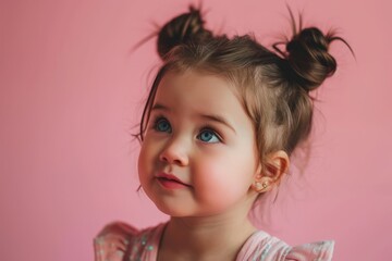 Portrait of a cute little girl with blue eyes on a pink background