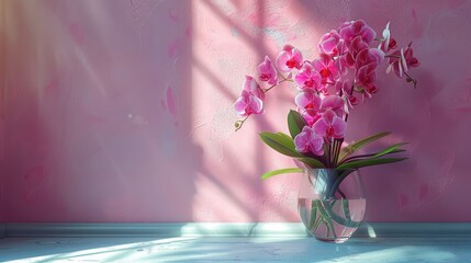   A vase brimming with pink blossoms rests atop a table adjacent to a rose-hued backdrop, casting a shadow