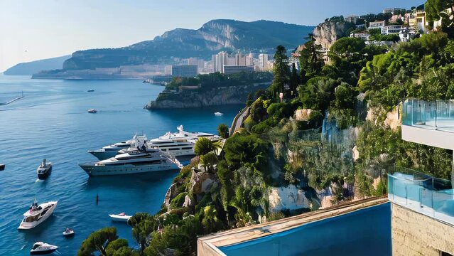 Yachts of various sizes docked in a luxurious marina in Monaco, set against the Mediterranean Sea. Sheer cliffs rise up behind, topped with gleaming white high-end residences. 