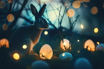 Rolgordijnen A rabbit is perched in the natural landscape of grass, beside an Easter egg. The scene combines elements of plant life and a festive event AIG42E © Summit Art Creations