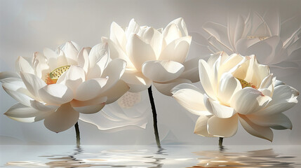 Three Pristine White Lotus Flowers, Ethereal Soft Light
