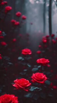 Luminous red roses in a dark rose forest, a rose path, rose trees, giant roses, long floating blue roses on the ground, fireflies