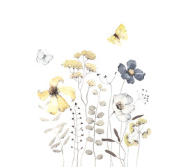 Wallpaper with delicate abstract flowers, plants and flying butterflies, watercolor isolated print for cover, background, invitation or greeting cards. Floral design yellow, grey and indigo colors.