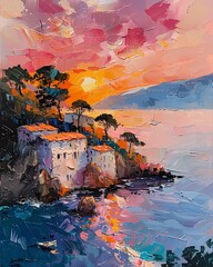 Sunset at Small hillside village  landscape Impressionistl painting,  home decor wall art, digital art print