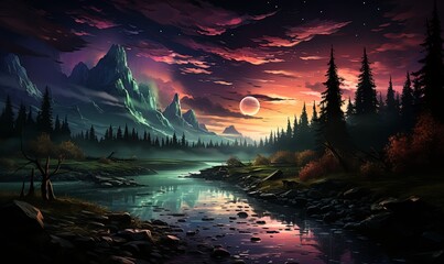 Mountain Lake Night Painting