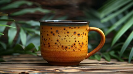  A coffee cup with yellow hue sits on a wooden table beside a leafy plant in the background