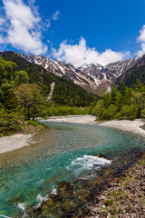 Fototapeta na wymiar Clear, fast flowing mountain river in a forested valley in front of snowy peaks