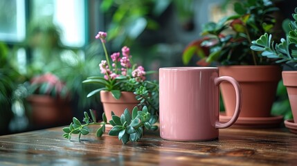   A pink coffee mug rests atop a wooden table, beside two potted plants also on the wood