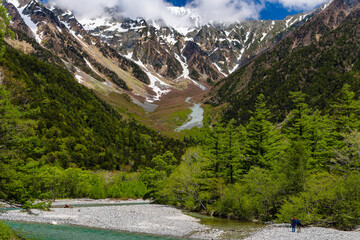 Hikers next to the Azusa River in the highland valley of Kamikochi in the northern Japanese Alps