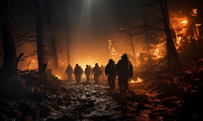 Group of People Walking Through Forest of Fire
