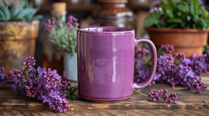 Fototapeta na wymiar A purple coffee mug rests atop a wooden table, surrounded by potted plants