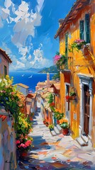 Narrow street at Italy  landscape Impressionist painting,  home decor wall art, digital art print - obrazy, fototapety, plakaty