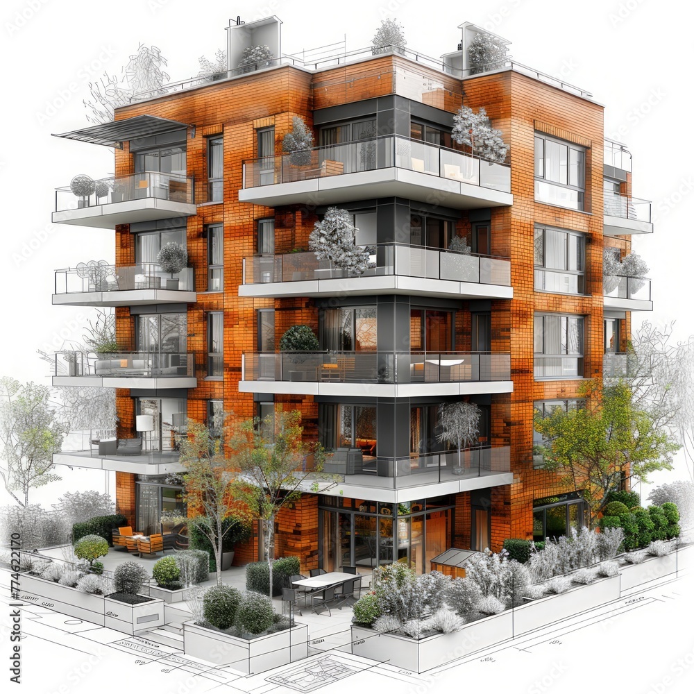 Fototapete Residential building architecture project with mock up and blueprints