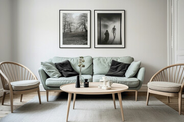 Two sofas and a vintage table in Scandinavian decor.