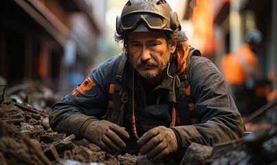 Man in Helmet and Goggles Crouches on Rubble