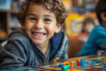Board Game Glee: Happy Boy with a Playful Grin