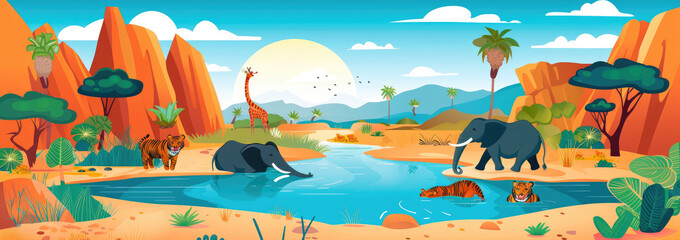 A cute cartoon elephant, hippopotamus and zebra near the water in an African savannah landscape with desert mountains. 