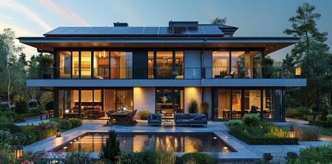 Modern house with solar panels on the roof and swimming pool
