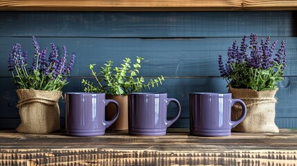  Three mugs on a wooden table with a purple flower-filled bag nearby