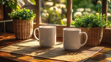   Two coffee mugs sit on a mat in front of a window with a potted plant - obrazy, fototapety, plakaty