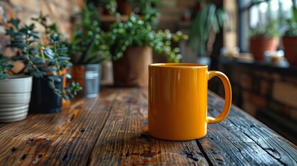  A yellow coffee mug sits atop a wooden table, surrounded by potted plants on both sides