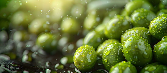 Green olives close-up. Macro. Natural sunny agricultural food background. - obrazy, fototapety, plakaty