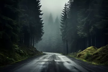 Foto op Plexiglas Foggy road in the pine forest, long exposure shot © Shipons Creative