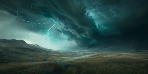 A hyper-realistic painting depicting a powerful supercell thunderstorm in the middle of a vast field - obrazy, fototapety, plakaty