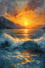 Sunset at the beach  landscape impressionist oil  painting,  home decor wall art, digital art print