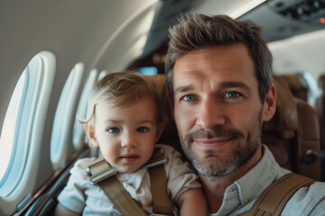 Family travel, father holding small child in his arms on the plane - obrazy, fototapety, plakaty