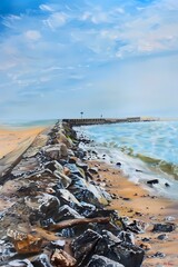 Beach landscape impressionist oil  painting,  home decor wall art, digital art print e with break wall with blue sky  - obrazy, fototapety, plakaty