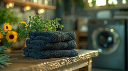   A neat stack of folded towels sits atop a wooden table beside a washing machine and a vibrant potted plant