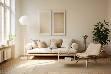 Tranquil white frame harmonizes with beige and Scandinavian elements, showcasing a modern living...