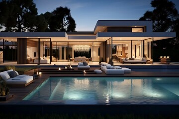 Luxury modern house with swimming pool at night