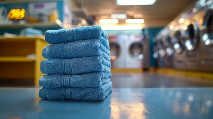   A stack of blue towels rests atop a blue counter, near a washer and dryer - obrazy, fototapety, plakaty