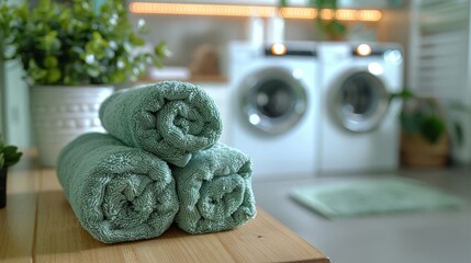   Green towels on wooden table with washer and dryer in room - obrazy, fototapety, plakaty