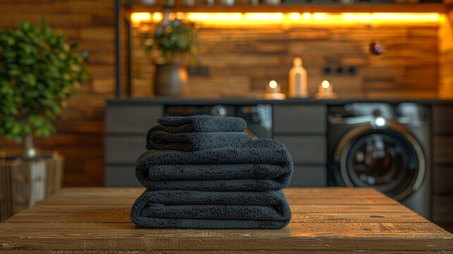   A pile of dark towels atop a wooden table near a washer and dryer