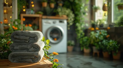   A stack of towels atop a wooden table beside a washer in a room adorned with potted plants - obrazy, fototapety, plakaty