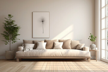 Tranquil white frame against beige and Scandinavian backdrop, showcasing a modern living room with...