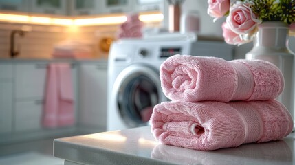   Pink towels stacked on counter beside washer and dryer in bathroom - obrazy, fototapety, plakaty