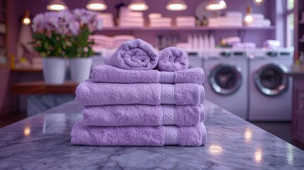   Purple towels stacked on counter near washer & dryer in laundry room - obrazy, fototapety, plakaty