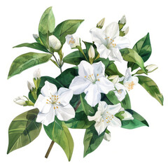 A painting of a bunch of white flowers with green leaves. The flowers are arranged in a way that they are all facing the same direction, giving the impression of a peaceful and serene scene