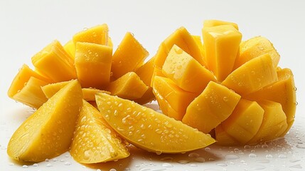   A white surface with a pile of cut-up mangoes and water droplets on top