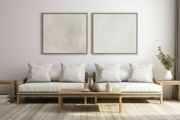 Tranquil Scandinavian lounge adorned with twin sofas, a weathered wooden table, and an empty frame for custom artwork or text.