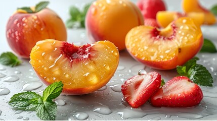   A couple of peaches and some strawberries on a white surface with water droplets on top